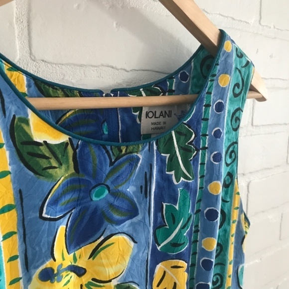 Vintage 80s Mini dress Beachy Tropical Paisley Floral Aloha Print Blue/Yellow S - Picture 6 of 7